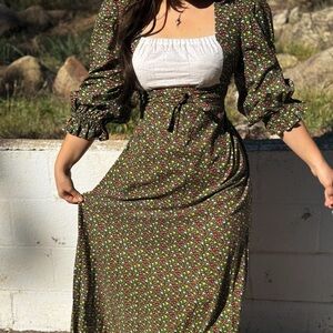 1970s Handmade Prairie Dress – Black with Red & Yellow Flowers